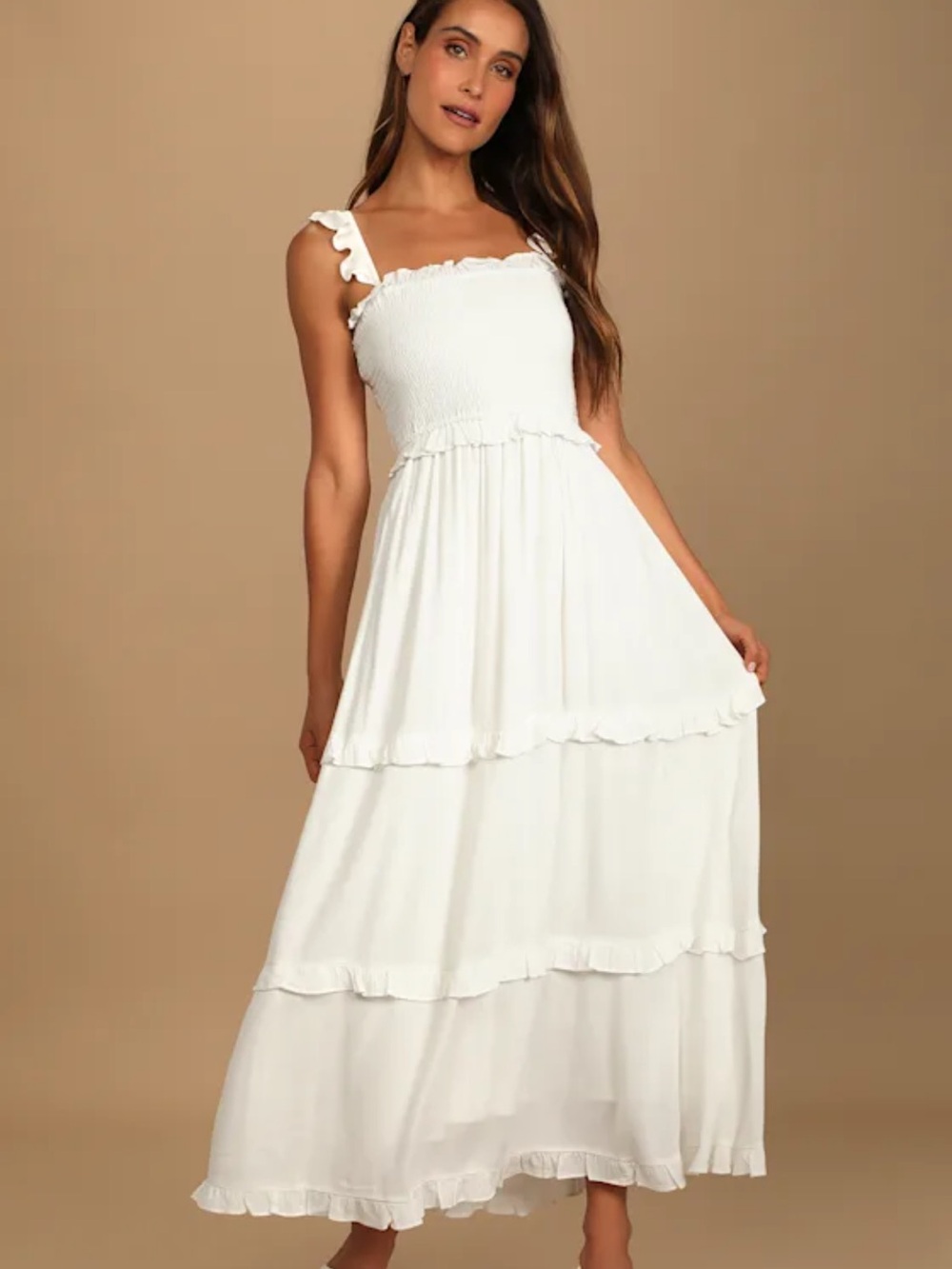 Lulu’s Fun Afternoon White Smocked Tiered Maxi Dress